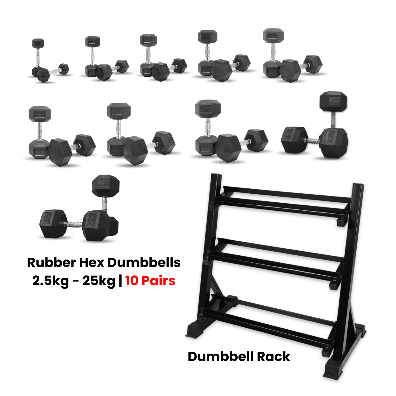 Hex Dumbbells Set - 2.5 Kg to 25 Kg Set with 3 Tier Rack - Bundle Offer